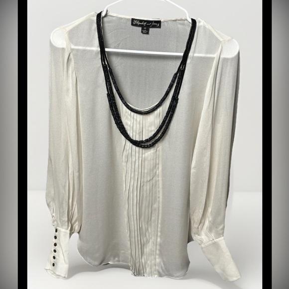 Elizabeth and James Silk Blouse Medium White Pleated Front Beaded Collar Button - Picture 1 of 6